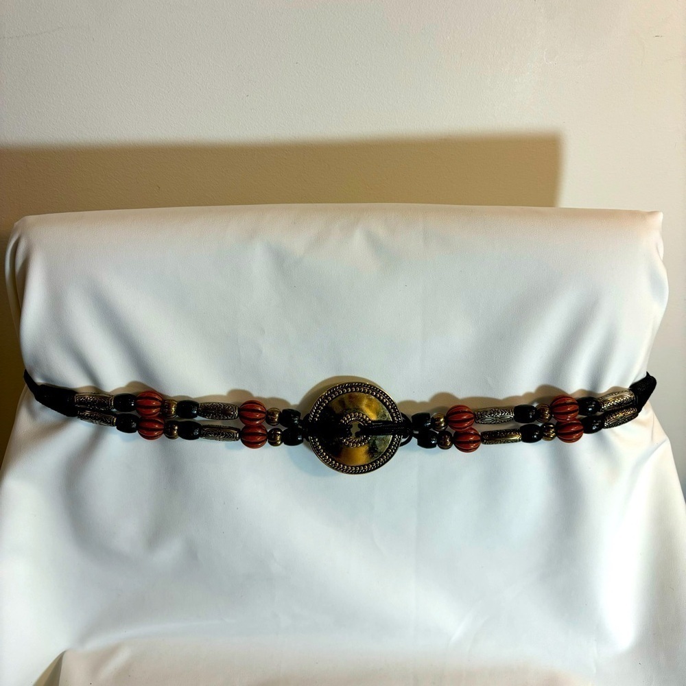 BELT Leather Beaded Round Metal J-Hook Closure Elasticized 30” Unstretched